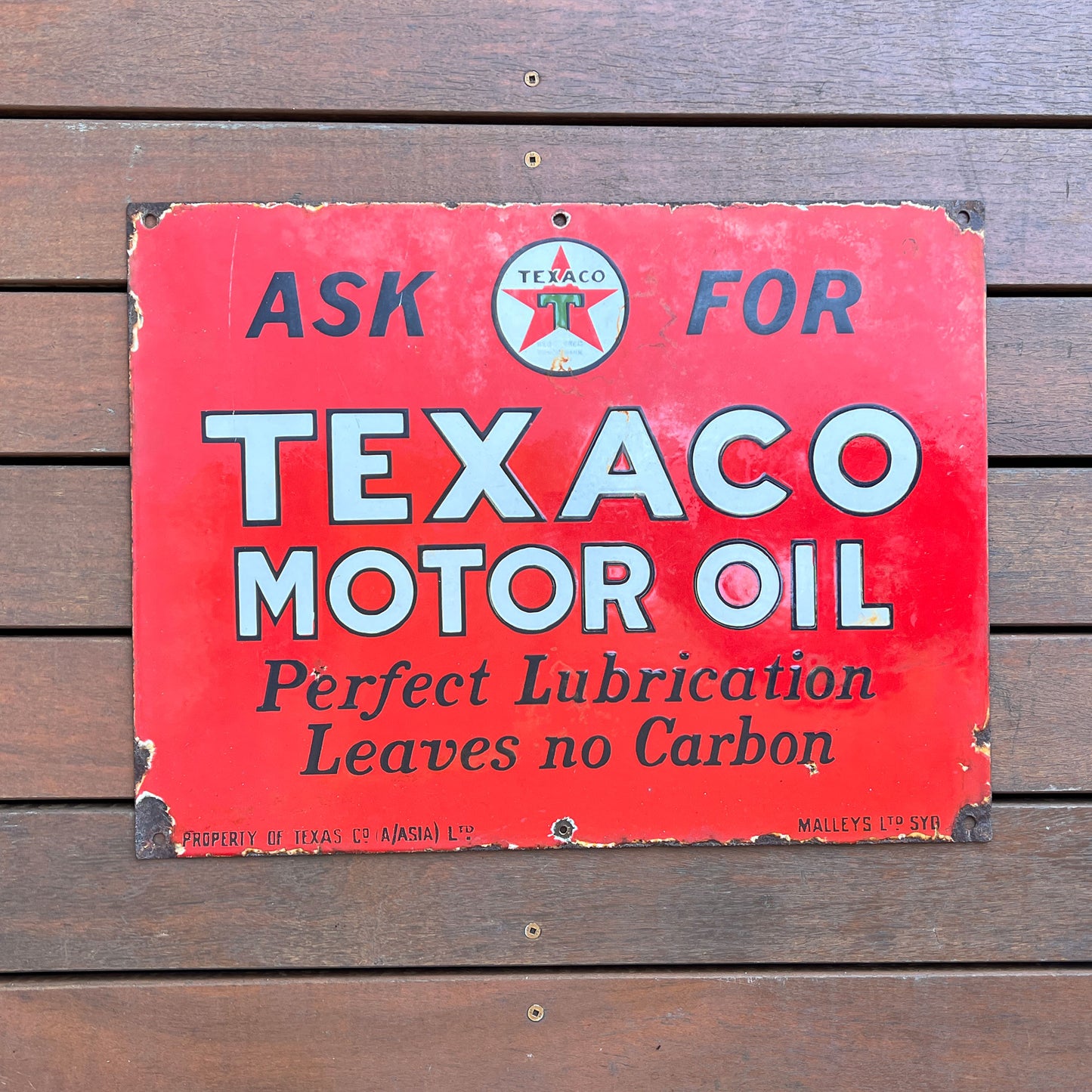 Texaco Motor Oil Enamel Sign - Perfect Lubrication Leaves no Carbon.