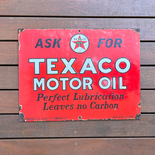 Texaco Motor Oil Enamel Sign - Perfect Lubrication Leaves no Carbon.