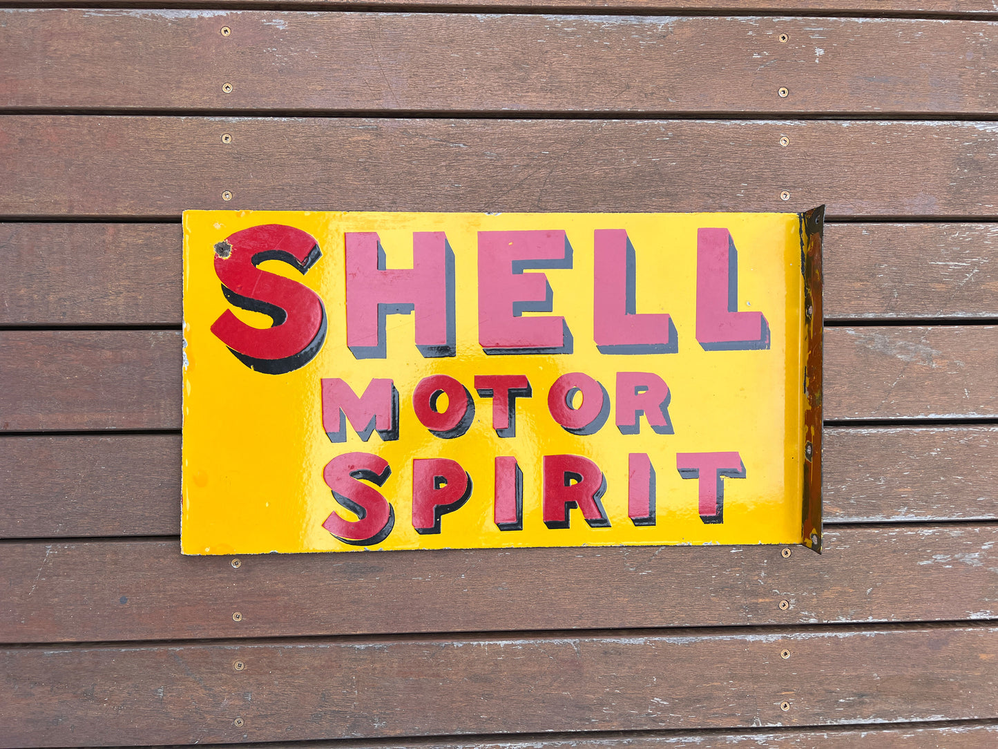 Shell Motor Spirit Double Sided Post Mount Enamel Sign