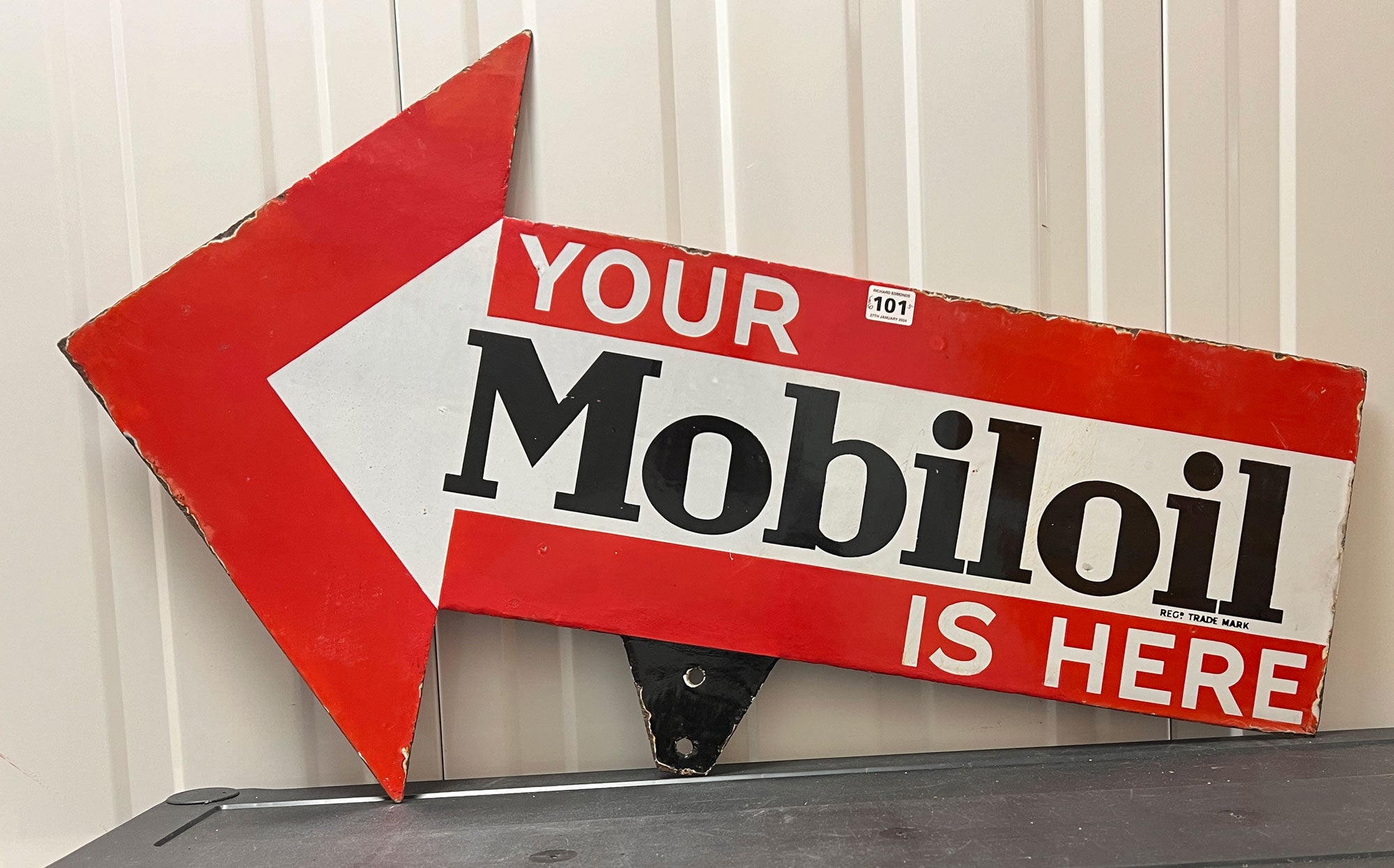 Your Mobiloil Is Here Arrow Enamel Sign – Antique Signs